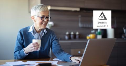 Woman using a laptop and Dromos logo