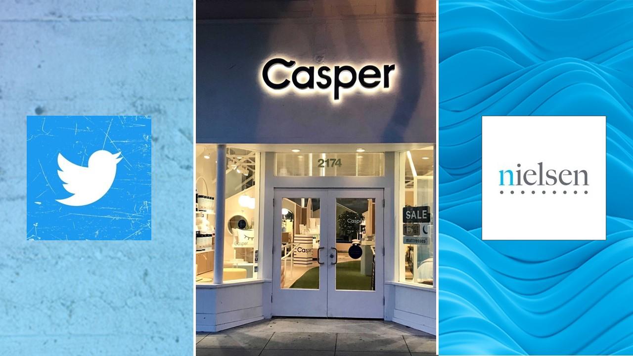 Twitter and Nielsen Holdings logos, Casper storefront