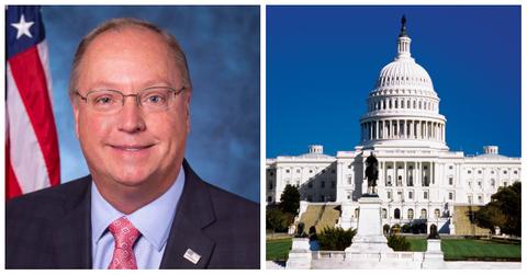 A photo split with late Rep. Jim Hagedorn on the left and the U.S. Capitol Building on the right.
