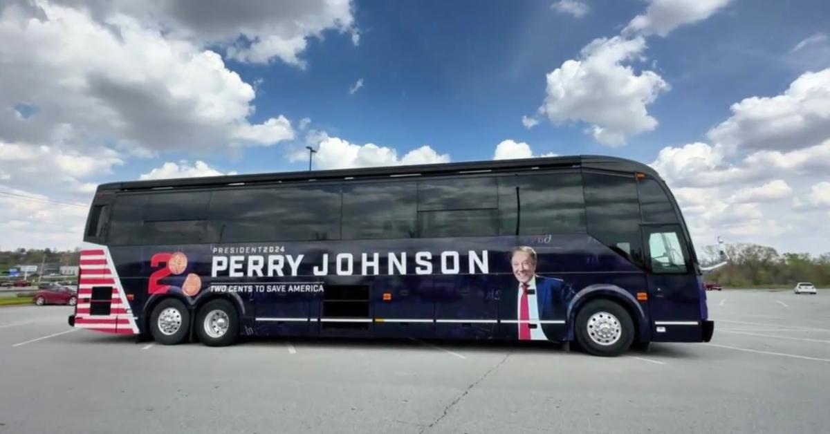 A campaign bus for Republican Presidential hopeful Perry Johnson.