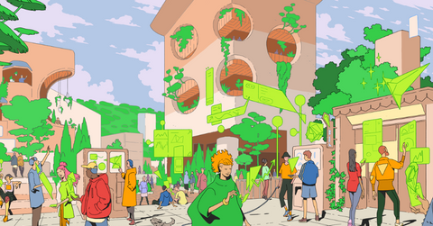 Robinhood illustration of people and buildings