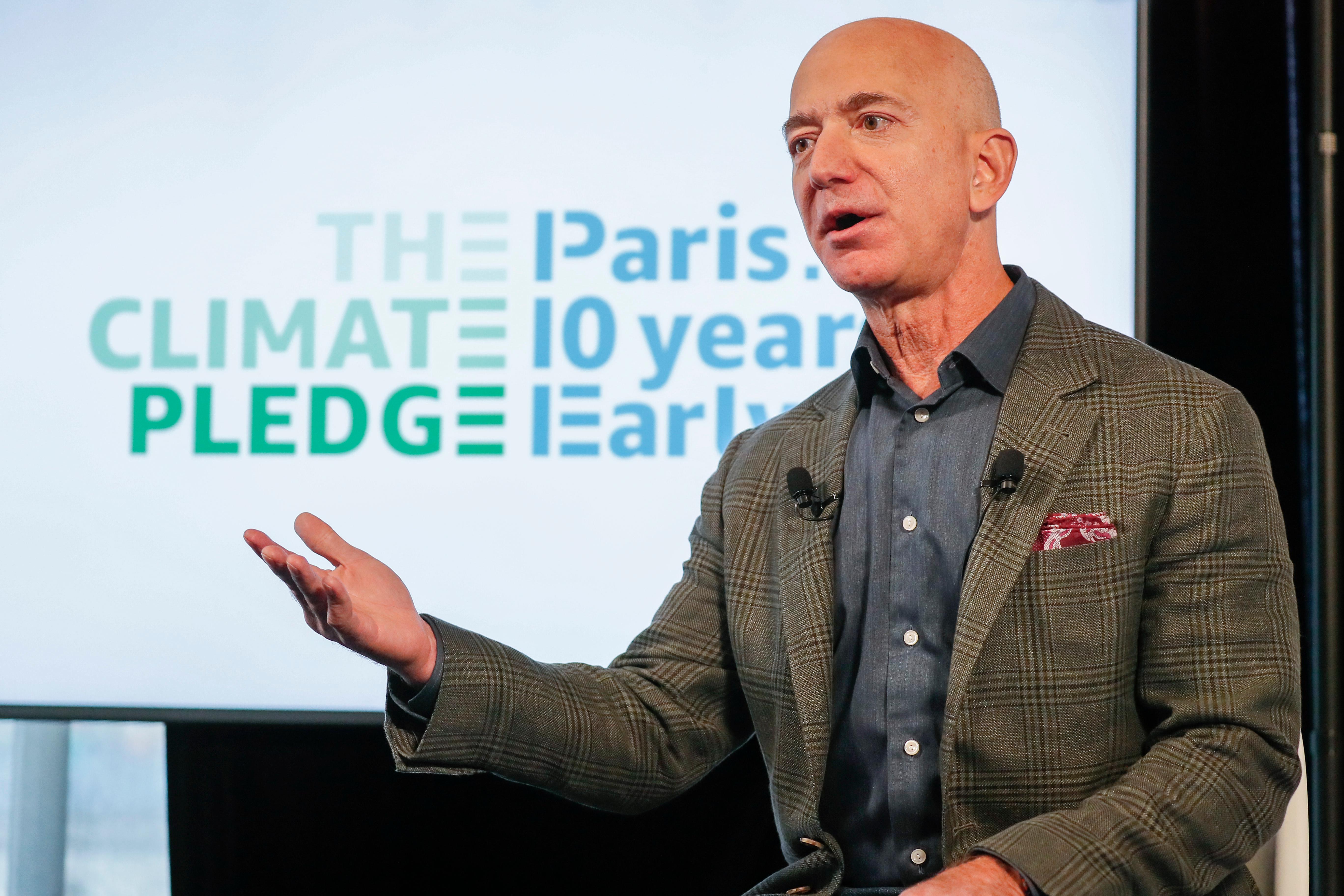 Jeff Bezos talking at a Climate Pledge event