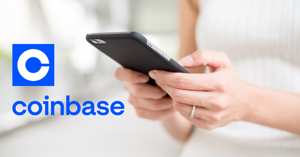 Coinbase logo and woman using a smartphone