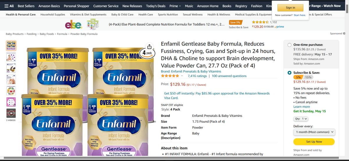 baby formula is available on amazon