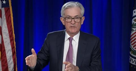 Fed Chair Jerome Powell addressing a video conference virtually