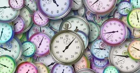 An illustration of multicolored pocketwatches