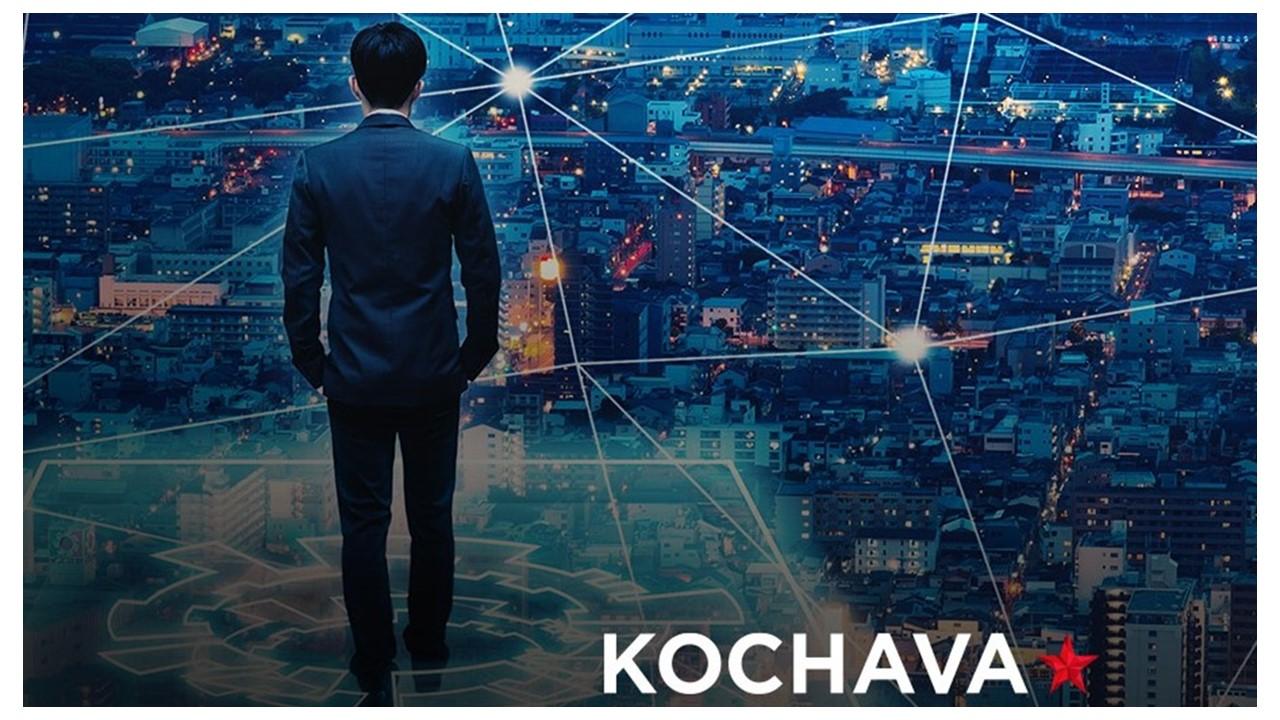 Kochava logo, digital illustration of man overlooking skyline