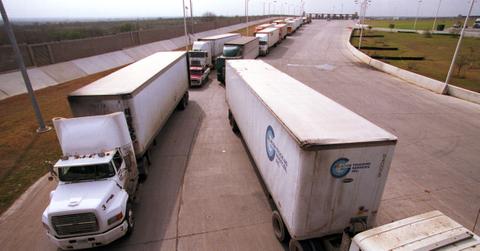 Trucks backed up at the Texas-Mexico border