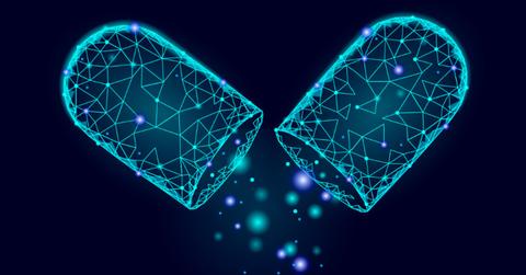 Blue De Faire Medical pill illustration with black background