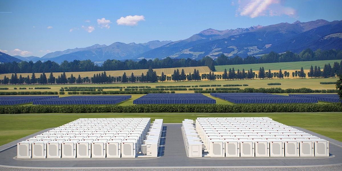 Fluence Energy storage units with mountains in the background