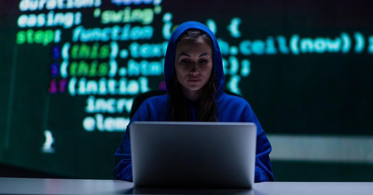 An identity thief using a laptop