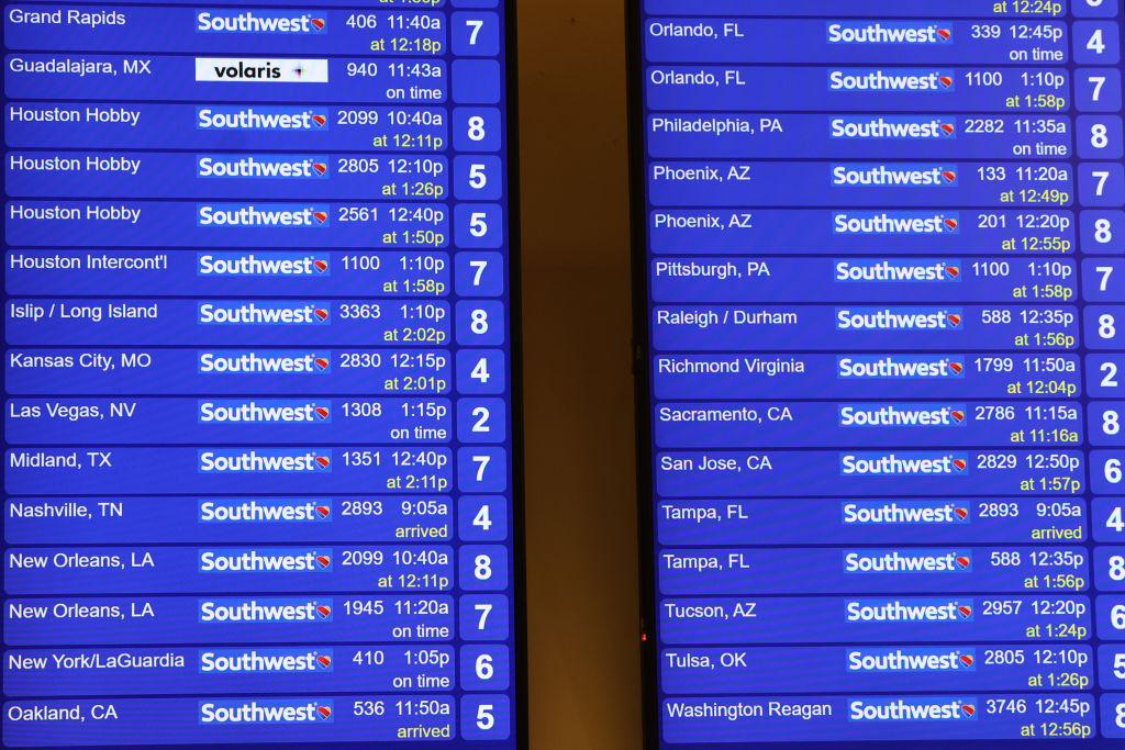A Southwest Airline flight board with all departing and arriving flights