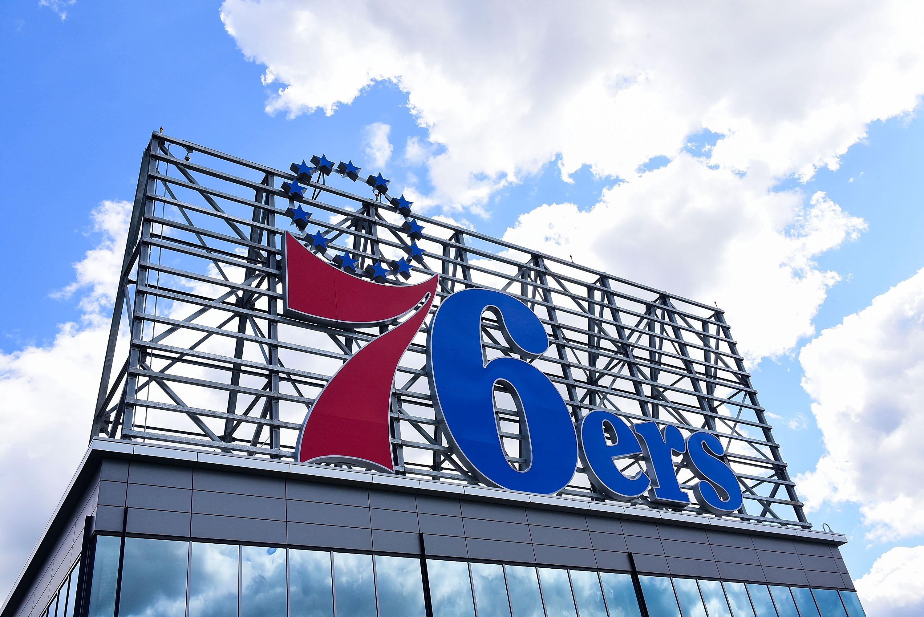 Philadelphia 76ers logo on a grandstand