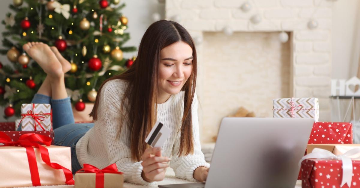 A woman shopping online for holiday gifts