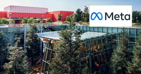 Facebook headquarters and Meta logo