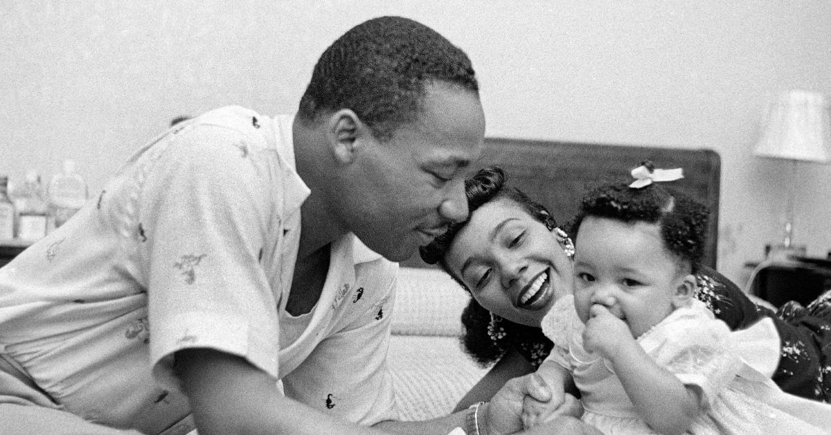 Martin Luther King, Jr. relaxes at home with his wife Coretta and first child Yolanda (1956).