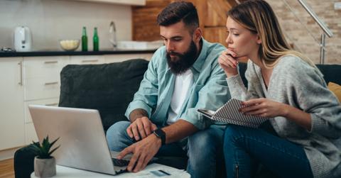 Couple filing taxes.