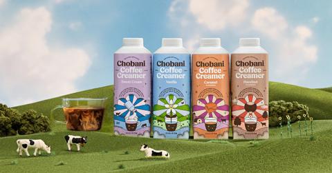 Chobani creamer cartons in a farm scene