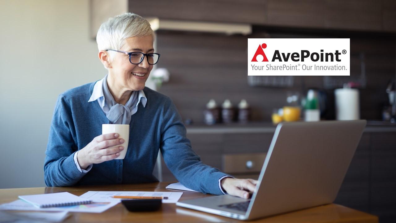 Woman looking on a laptop and AvePoint logo