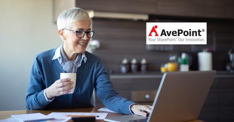 Woman looking on a laptop and AvePoint logo