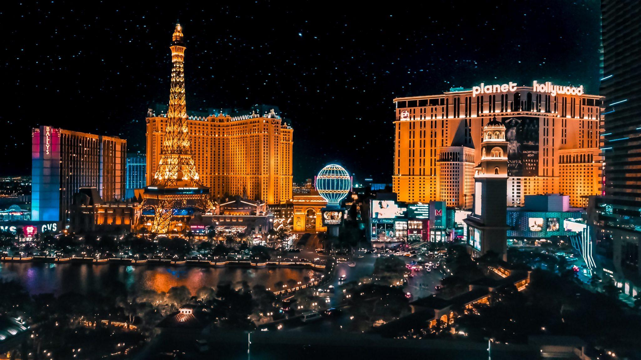 A skyline shot of Las Vegas, Nevada at night.