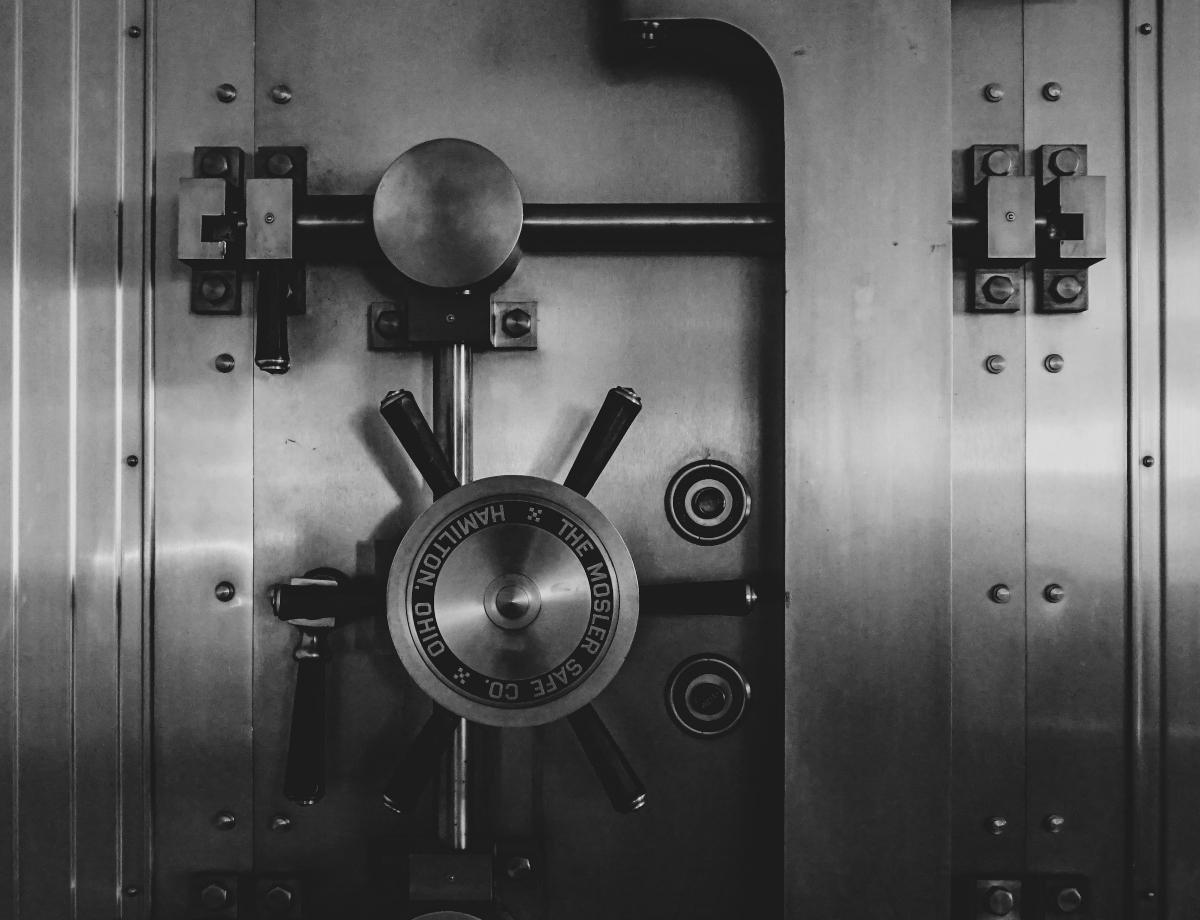 Black and white photo of a bank safe