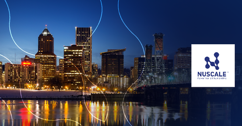 Nuscale power logo over city skyline