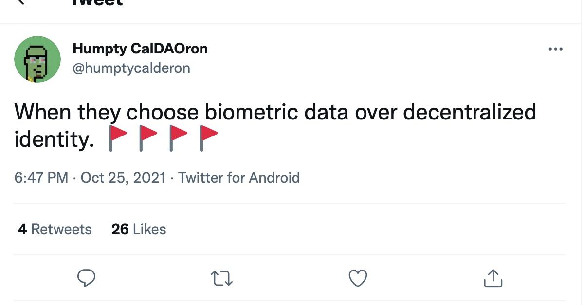 A tweet about the use of biometric data in blockchain identity management 