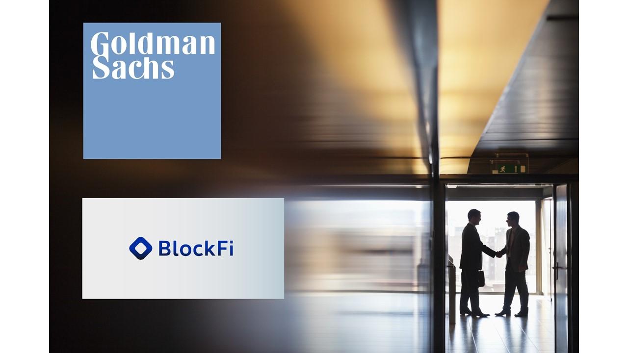 BlockFi Goldman Sachs logos over people making deal