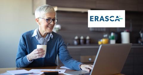 Woman looking on a laptop and Erasca logo