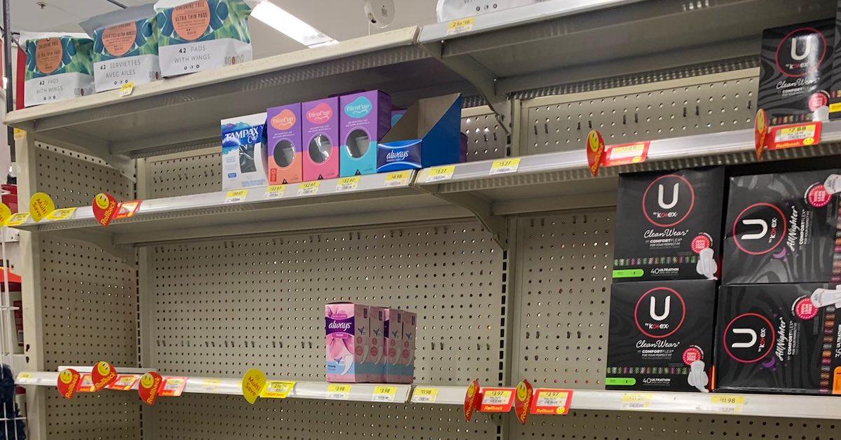 Tampon packages and empty store shelves