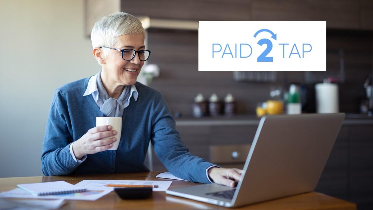 Woman looking on a laptop and Paid2Tap logo