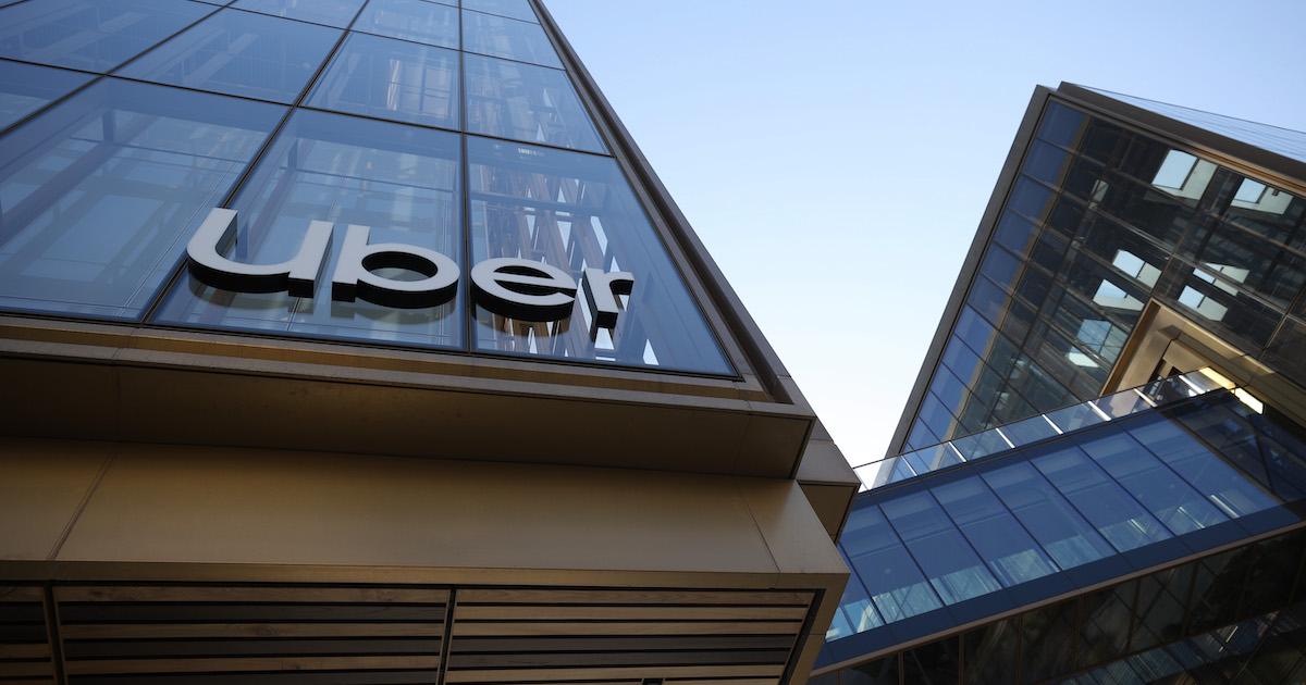 A shot looking up at Uber's San Francisco headquarters