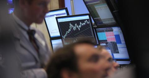 Traders looking at options and stock quotes