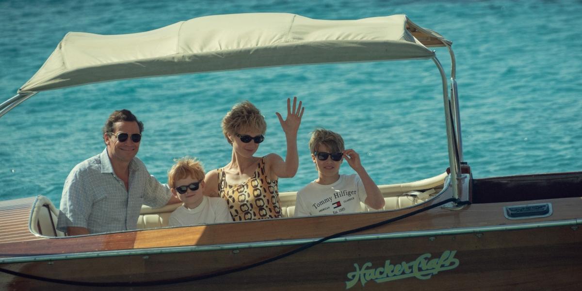 Debicki with Dominic West, who plays Prince Charles in Season 5 of 'The Crown,' and the actors playing young William and Harry.