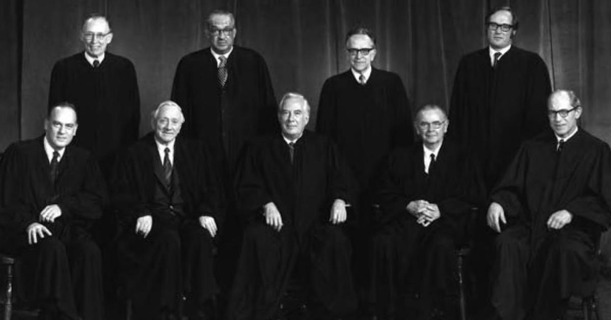 1973 Supreme Court Justices from left to right, seated in the front row: Potter Stewart, William O. Douglas, Warren E. Burger (chief justice), William Brennan, and Byron White; from left to right, standing in the back: Lewis F. Powell, Thurgood Marshall, Harry Blackmun, and William Rehnquist