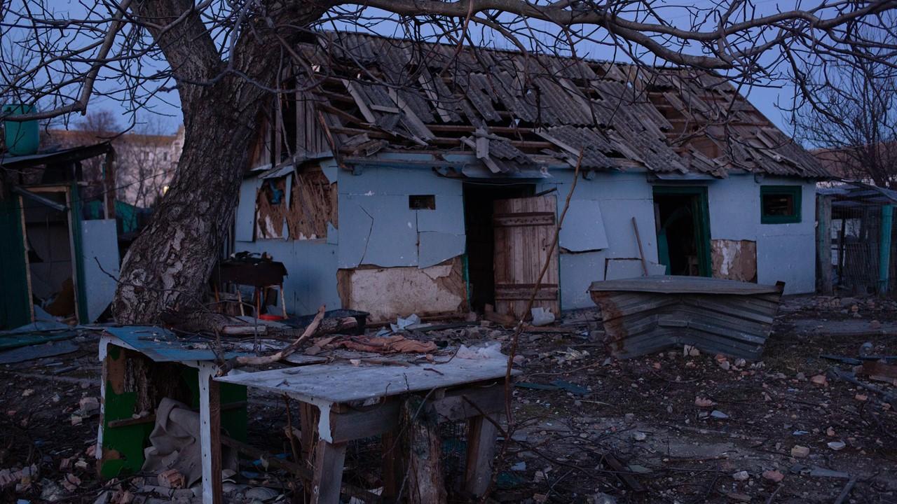 A damaged house in Baryshivka, Ukraine