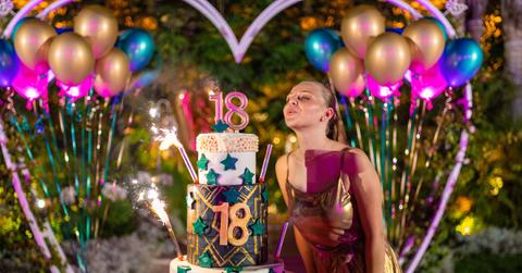 Birthday woman blowing candles on cake during celebration