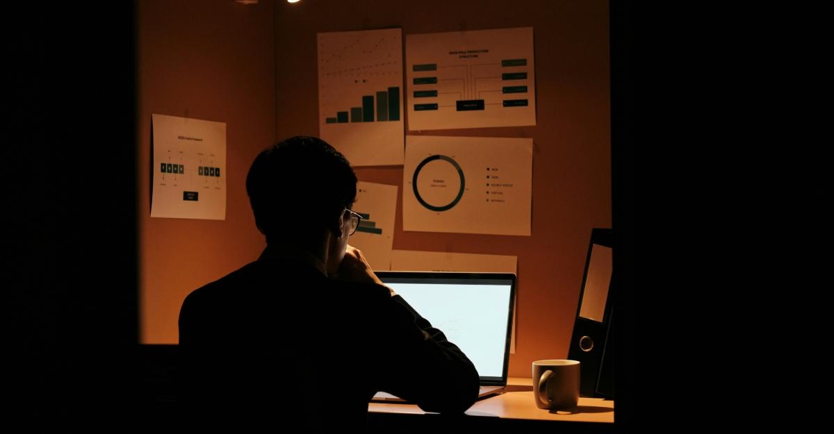 A person sits at a cubicle desk in a dark office and looks at their laptop.