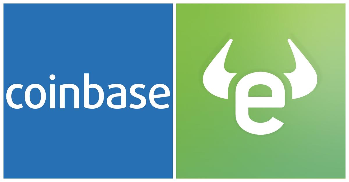 Logos for Coinbase and eToro, competing cryptocurrency trading platforms.