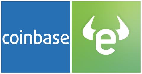 Logos for Coinbase and eToro, competing cryptocurrency trading platforms.