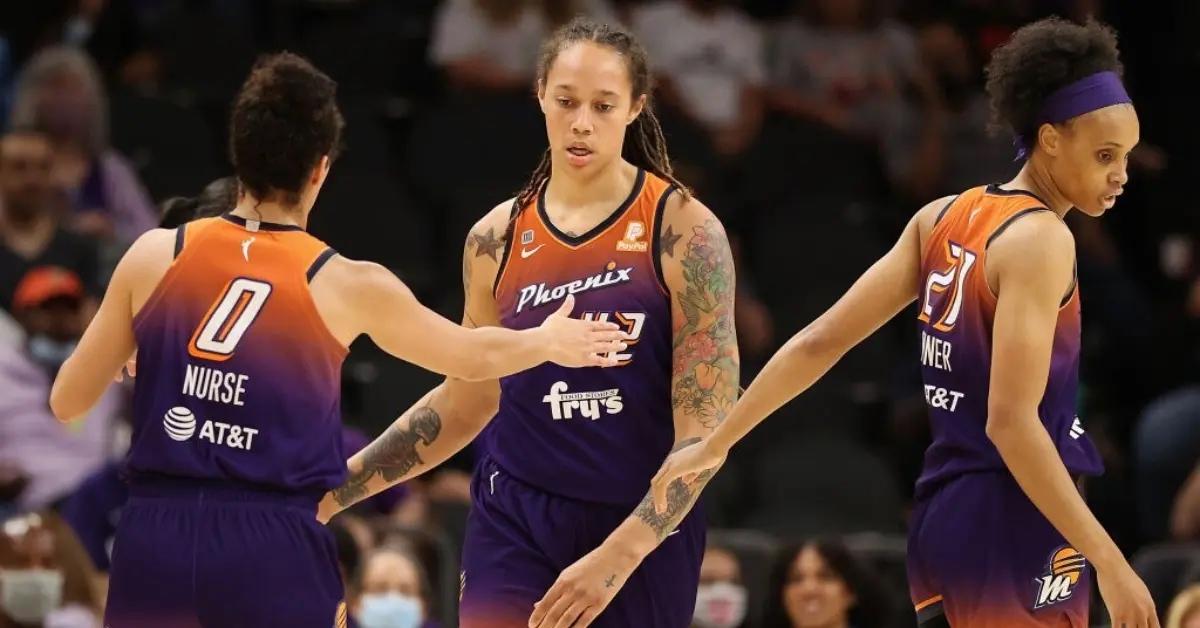 Phoenix Mercury players on the court, including Brittney Griner.