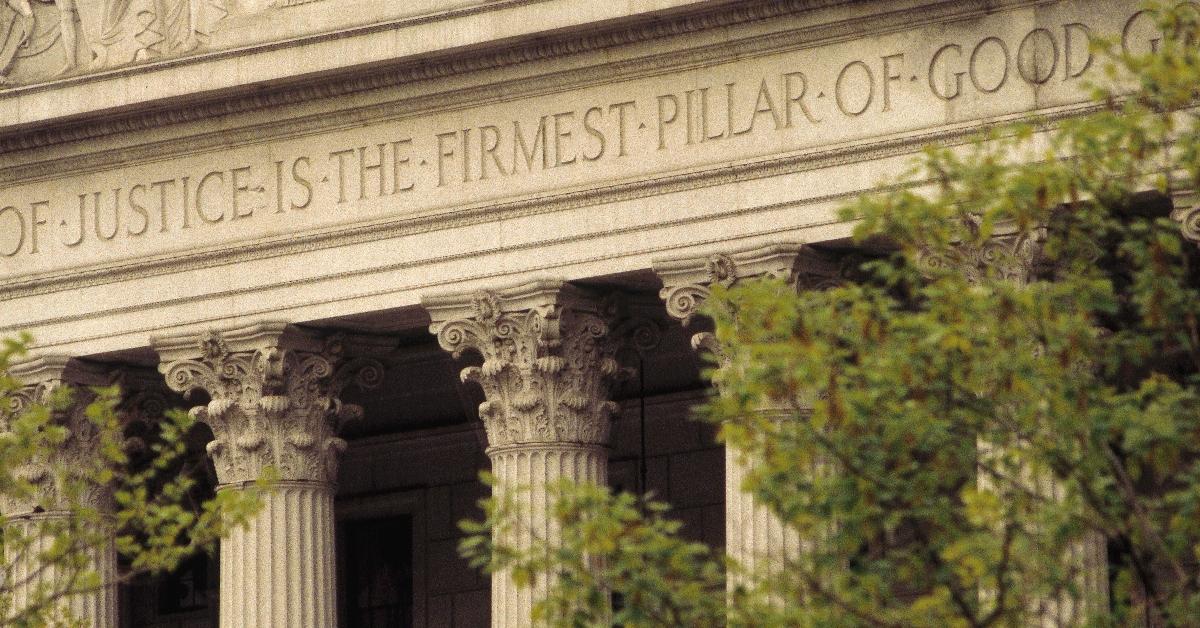 A closeup of the colonnade of the U.S. Supreme Court