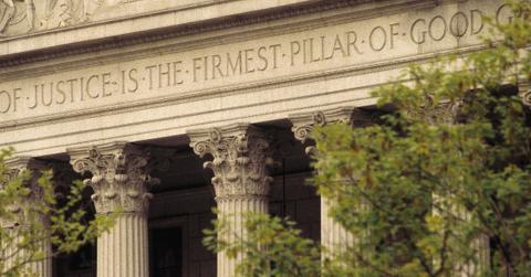 A closeup of the colonnade of the U.S. Supreme Court