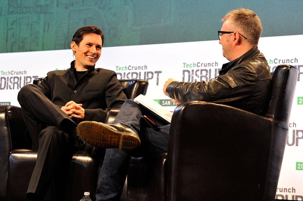 Pavel Durov speaking with moderator Mike Butcher during TechCrunch Disrupt SF 2015. 