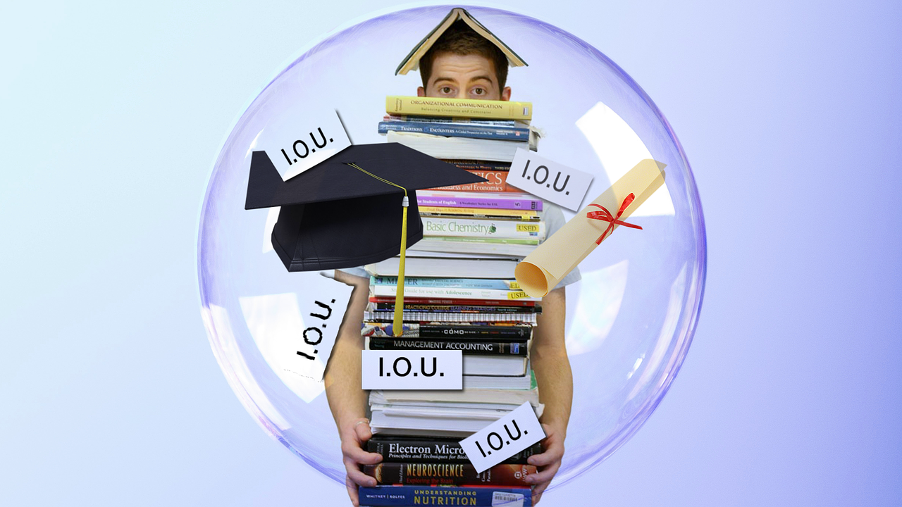 A person holding books and surrounded by IOU notes