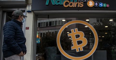 Bitcoin logo on a store window