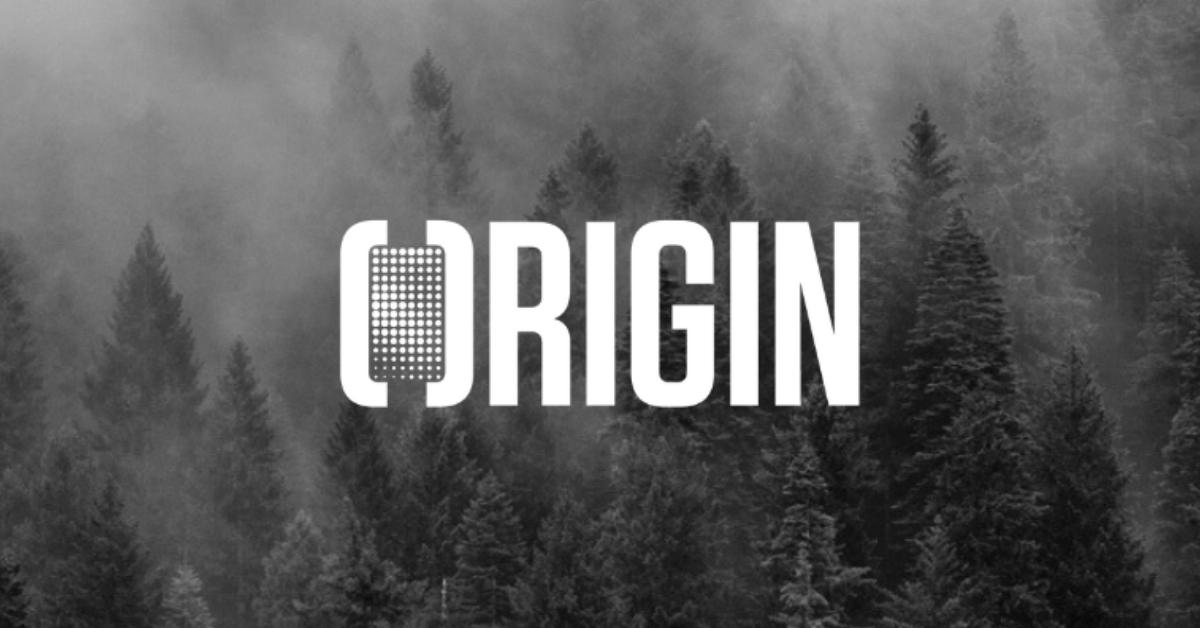 Origin Materials logo with an evergreen forest in the background