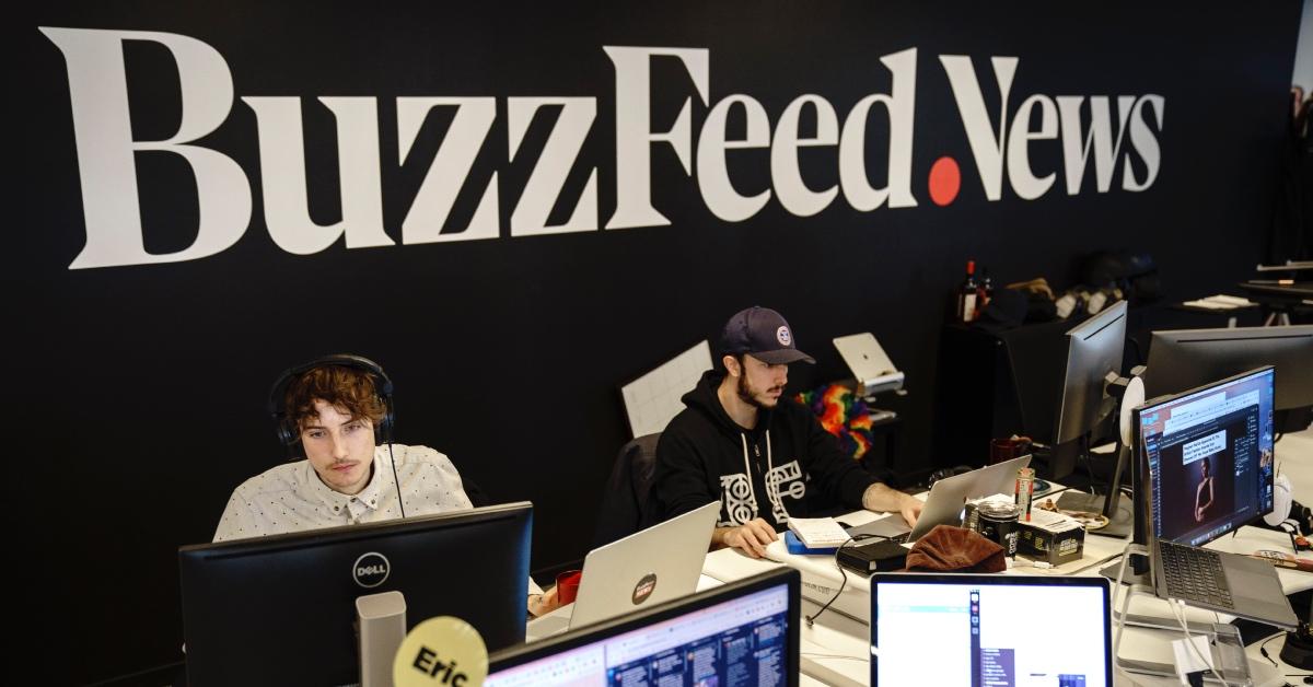 Members of the 'BuzzFeed News' team work at their desks at BuzzFeed headquarters.