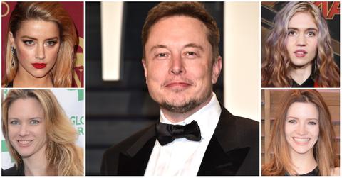 Elon Musk at the center of a photo grid with (clockwise from top left): Amber Heard, Grimes, Talulah Riley, Justine Musk